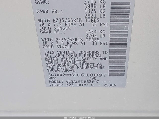 Продаж на аукціоні авто 2015 Nissan Pathfinder Sv, vin: 5N1AR2MN8FC618097, номер лоту: 44966052