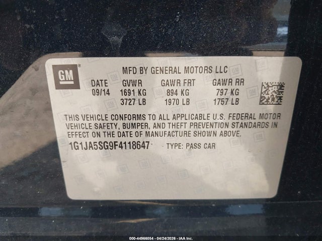 2015 Chevrolet Sonic Ls Auto მანქანა იყიდება აუქციონზე, vin: 1G1JA5SG9F4118647, აუქციონის ნომერი: 44966054