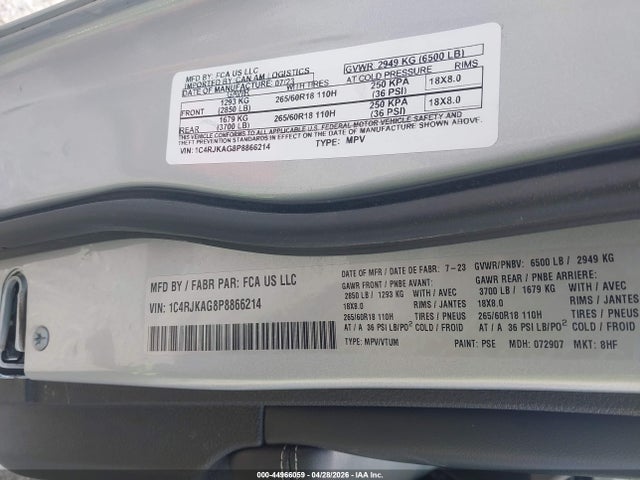 Продаж на аукціоні авто 2023 Jeep Grand Cherokee L Laredo, vin: 1C4RJKAG8P8866214, номер лоту: 44966059