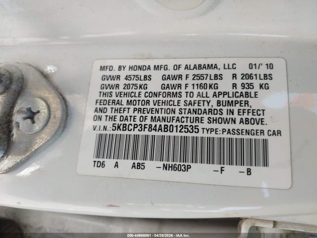 2010 Honda Accord 3.5 Ex-l მანქანა იყიდება აუქციონზე, vin: 5KBCP3F84AB012535, აუქციონის ნომერი: 44966061