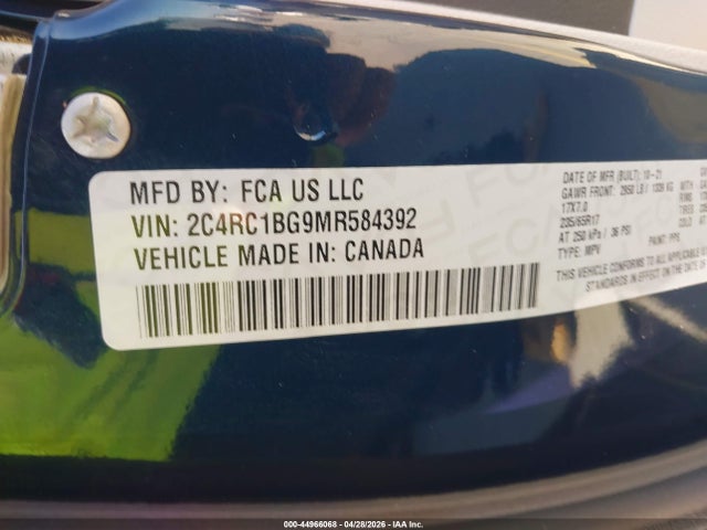 Продаж на аукціоні авто 2021 Chrysler Pacifica Touring L, vin: 2C4RC1BG9MR584392, номер лоту: 44966068