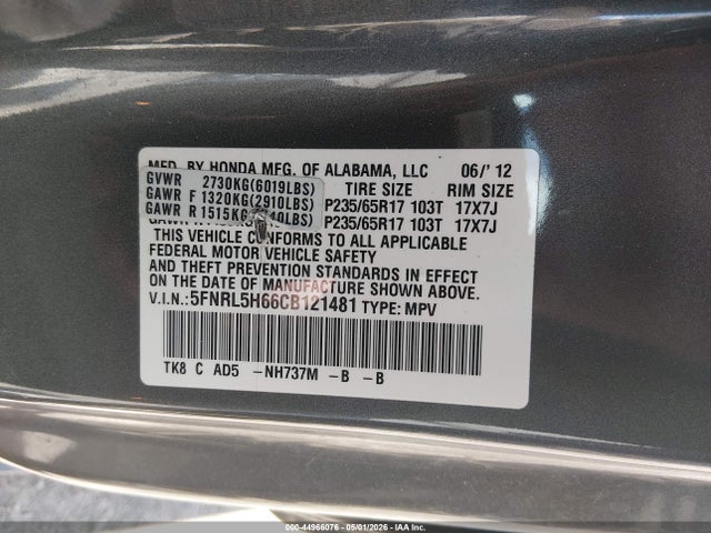 Aukcja sprzedaży 2012 Honda Odyssey Ex-l, vin: 5FNRL5H66CB121481, numer aukcji: 44966076