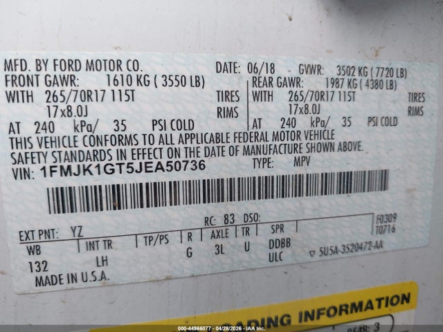1FMJK1GT5JEA50736 Ford Expedition Max Xl