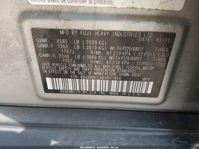 Продаж на аукціоні авто 2011 Subaru Outback 2.5i Premium, vin: 4S4BRBCC6B3407866, номер лоту: 44966079