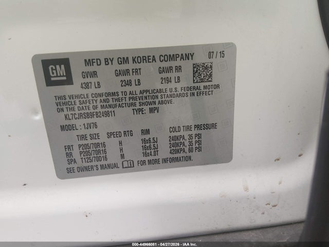 2015 Chevrolet Trax Lt მანქანა იყიდება აუქციონზე, vin: KL7CJRSB9FB249811, აუქციონის ნომერი: 44966081
