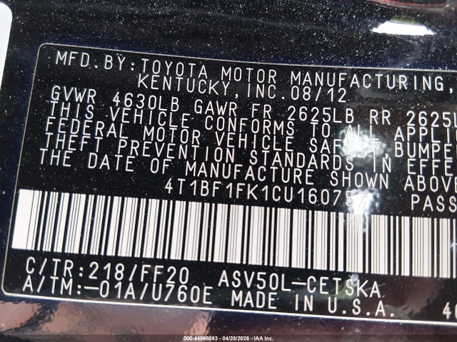 44966083 :رقم المزاد ، 4T1BF1FK1CU160757 vin ، 2012 Toyota Camry Se مزاد بيع