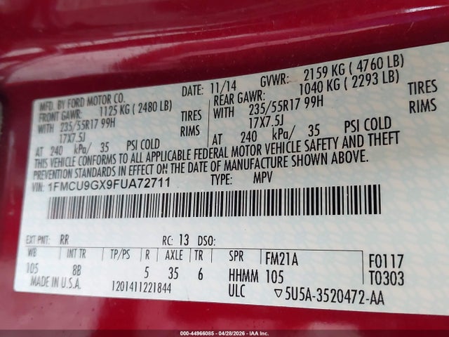 2015 Ford Escape Se მანქანა იყიდება აუქციონზე, vin: 1FMCU9GX9FUA72711, აუქციონის ნომერი: 44966085