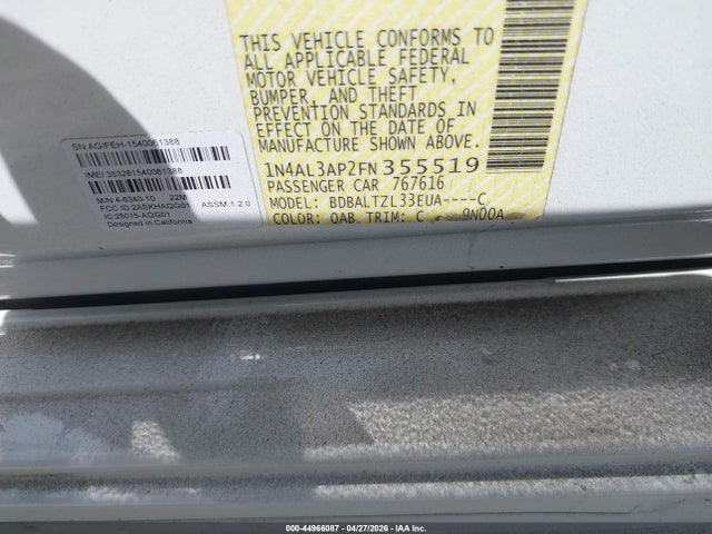 2015 Nissan Altima 2.5 Sl მანქანა იყიდება აუქციონზე, vin: 1N4AL3AP2FN355519, აუქციონის ნომერი: 44966087