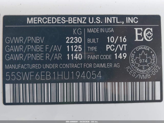 Продаж на аукціоні авто 2017 Mercedes-benz Amg C 43 4matic, vin: 55SWF6EB1HU194054, номер лоту: 44966091