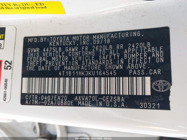 4T1B11HK3KU164545 Toyota CAMRY SE