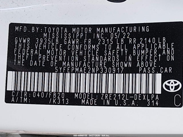 Aukcja sprzedaży 2022 Toyota Corolla Le, vin: 5YFEPMAE2NP330917, numer aukcji: 44966105