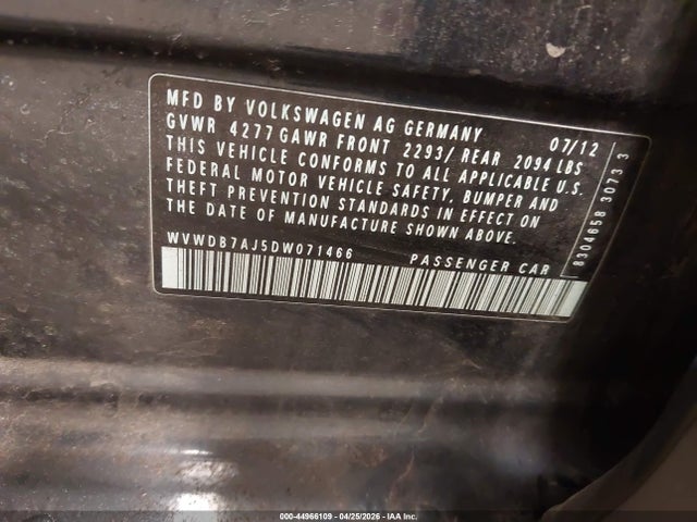 2013 Volkswagen Golf 2.5l 4-door მანქანა იყიდება აუქციონზე, vin: WVWDB7AJ5DW071466, აუქციონის ნომერი: 44966109