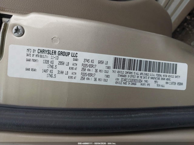 2014 Chrysler Town & Country Touring-l მანქანა იყიდება აუქციონზე, vin: 2C4RC1CG2ER231654, აუქციონის ნომერი: 44966111