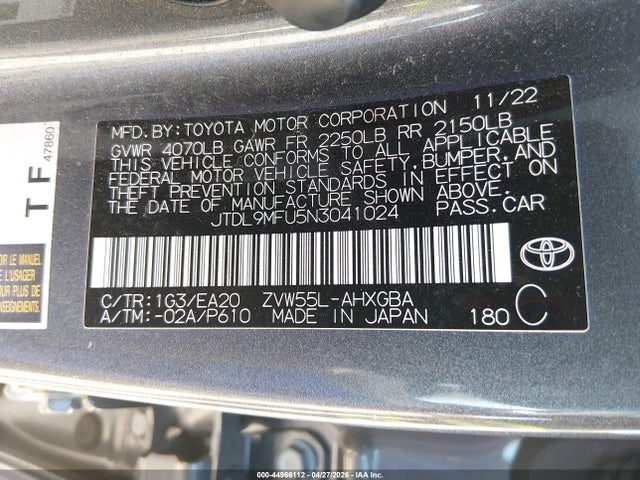 Продажа на аукционе авто 2022 Toyota Prius Xle Awd-e, vin: JTDL9MFU5N3041024, номер лота: 44966112