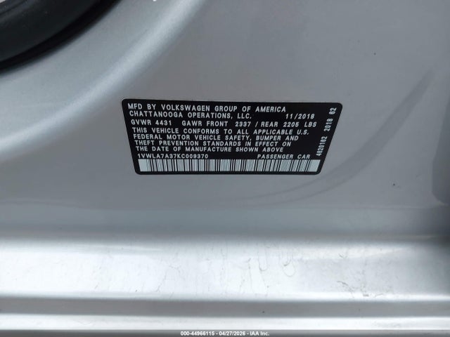 Продажа на аукционе авто 2019 Volkswagen Passat 2.0t Wolfsburg Edition, vin: 1VWLA7A37KC009370, номер лота: 44966115