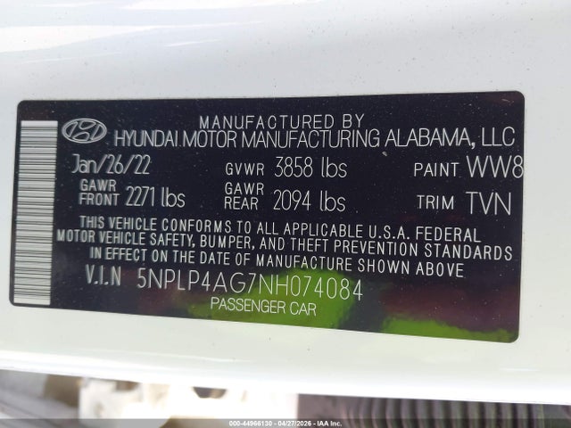 Aukcja sprzedaży 2022 Hyundai Elantra Limited, vin: 5NPLP4AG7NH074084, numer aukcji: 44966130