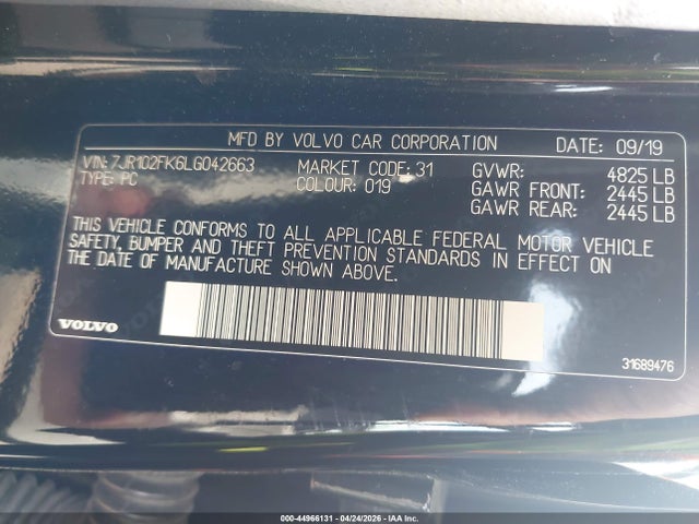 Aukcja sprzedaży 2020 Volvo S60 T5 Momentum, vin: 7JR102FK6LG042663, numer aukcji: 44966131