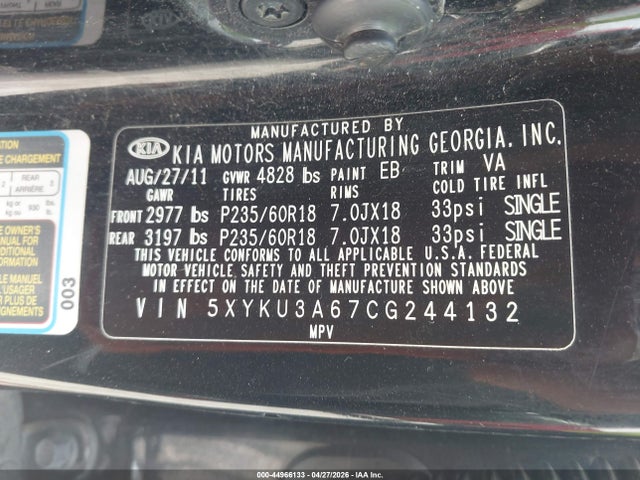 2012 Kia Sorento Ex მანქანა იყიდება აუქციონზე, vin: 5XYKU3A67CG244132, აუქციონის ნომერი: 44966133