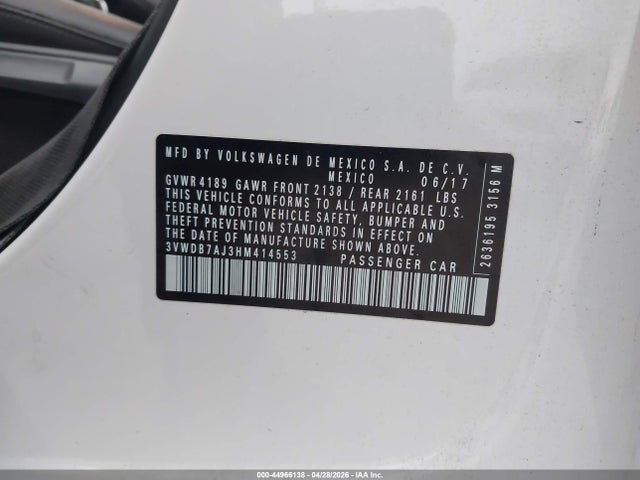 Aukcja sprzedaży 2017 Volkswagen Jetta 1.4t Se, vin: 3VWDB7AJ3HM414553, numer aukcji: 44966138