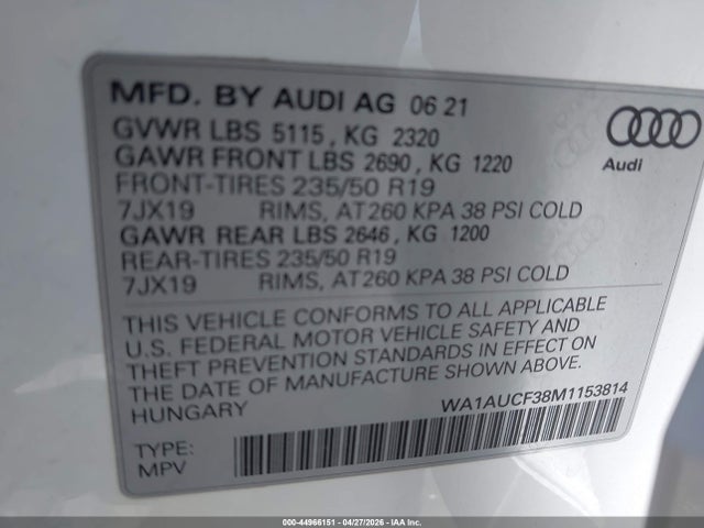 Продажа на аукционе авто 2021 Audi Q3 Premium 40 Tfsi Quattro Tiptronic, vin: WA1AUCF38M1153814, номер лота: 44966151