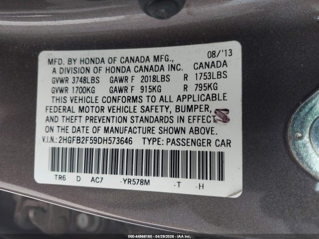 Продажа на аукционе авто 2013 Honda Civic Lx, vin: 2HGFB2F59DH573646, номер лота: 44966160