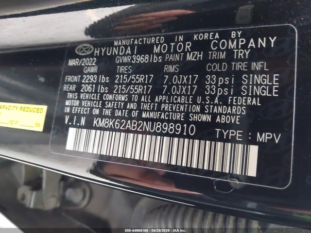 Aukcja sprzedaży 2022 Hyundai Kona Sel, vin: KM8K62AB2NU898910, numer aukcji: 44966168