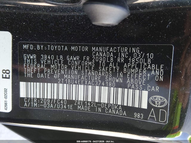 Aukcja sprzedaży 2010 Toyota Corolla Le, vin: 2T1BU4EEXAC374180, numer aukcji: 44966176