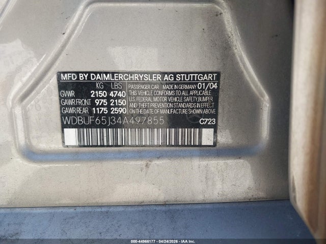 Aukcja sprzedaży 2004 Mercedes-benz E 320, vin: WDBUF65J34A497855, numer aukcji: 44966177