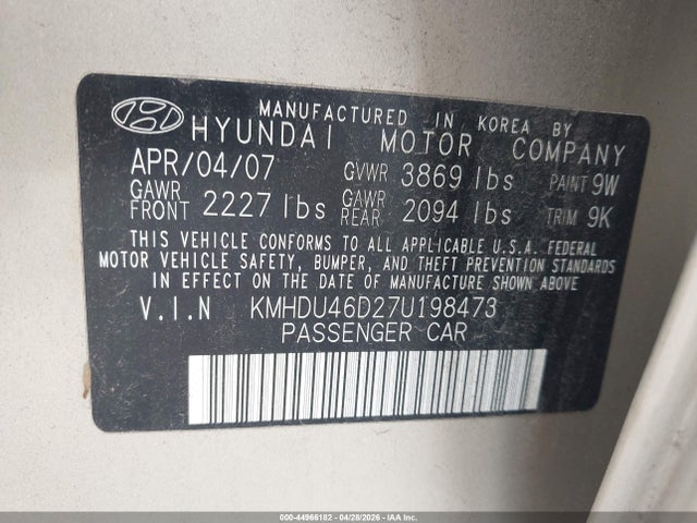 Продажа на аукционе авто 2007 Hyundai Elantra Gls/limited/se, vin: KMHDU46D27U198473, номер лота: 44966182