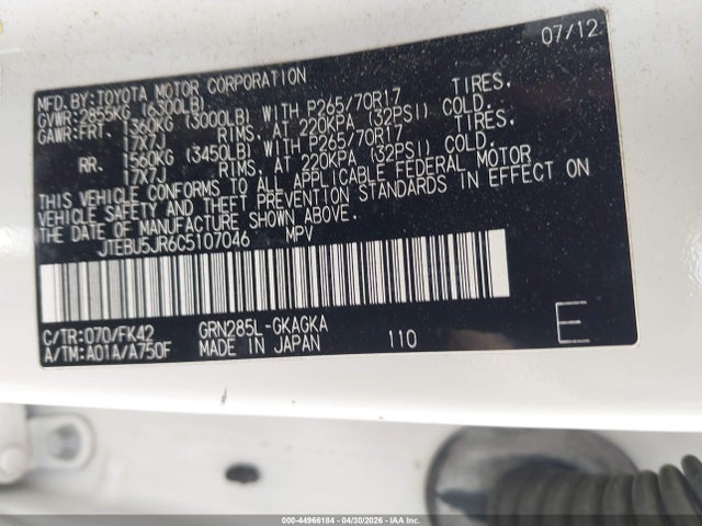 44966184 :رقم المزاد ، JTEBU5JR6C5107046 vin ، 2012 Toyota 4runner Sr5 مزاد بيع