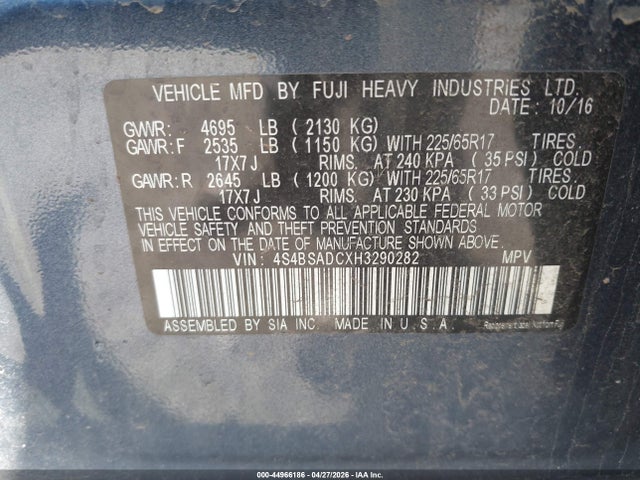 2017 Subaru Outback 2.5i Premium მანქანა იყიდება აუქციონზე, vin: 4S4BSADCXH3290282, აუქციონის ნომერი: 44966186