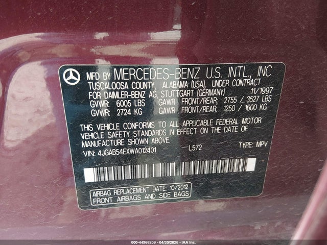 Aukcja sprzedaży 1998 Mercedes-benz Ml 320 Classic, vin: 4JGAB54EXWA012401, numer aukcji: 44966209