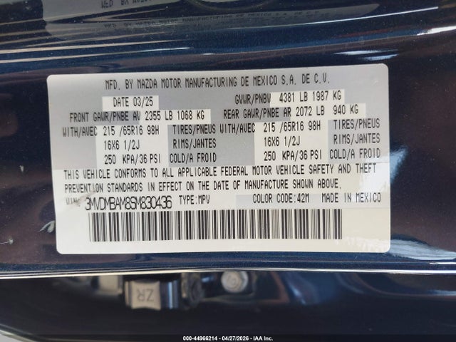 44966214 :رقم المزاد ، 3MVDMBAM8SM830436 vin ، 2025 Mazda Cx-30 2.5 S مزاد بيع