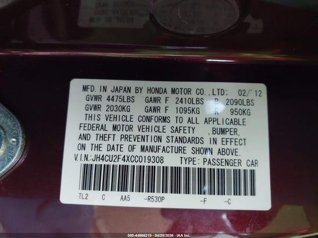 44966215 :رقم المزاد ، JH4CU2F4XCC019308 vin ، 2012 Acura Tsx 2.4 مزاد بيع