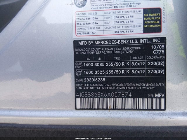 Aukcja sprzedaży 2006 Mercedes-benz Ml 350 4matic, vin: 4JGBB86EX6A057874, numer aukcji: 44966230