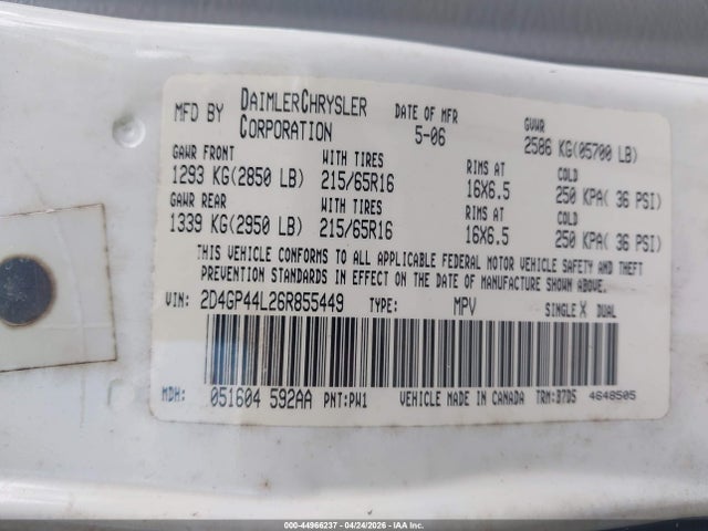 Продажа на аукционе авто 2006 Dodge Grand Caravan Sxt, vin: 2D4GP44L26R855449, номер лота: 44966237