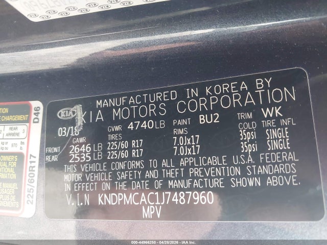 Продаж на аукціоні авто 2018 Kia Sportage Lx, vin: KNDPMCAC1J7487960, номер лоту: 44966250