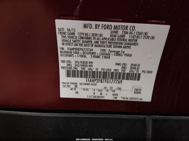 44966255 :رقم المزاد ، 1FAHP2F87FG177769 vin ، 2015 Ford Taurus Limited مزاد بيع