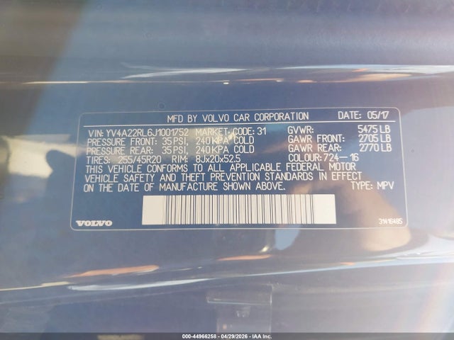 YV4A22RL6J1001752 Volvo Xc60 T6 Inscription