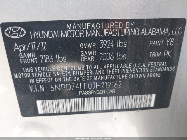Продаж на аукціоні авто 2018 Hyundai Elantra Se, vin: 5NPD74LF0JH219162, номер лоту: 44966264
