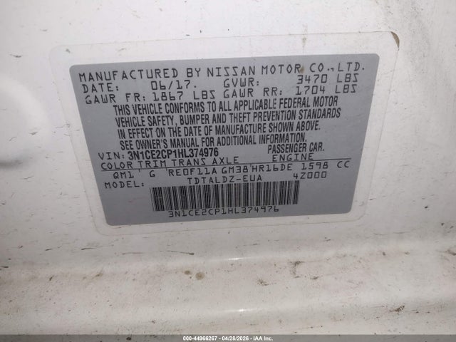 44966267 :رقم المزاد ، 3N1CE2CP1HL374976 vin ، 2017 Nissan Versa Note Sv مزاد بيع