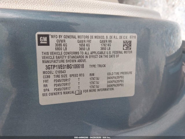Продажа на аукционе авто 2011 Gmc Sierra 1500 Sle, vin: 3GTP1VE01BG106618, номер лота: 44966268