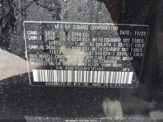 Aukcja sprzedaży 2023 Subaru Outback Wilderness, vin: 4S4BTGUD8P3147452, numer aukcji: 44966278