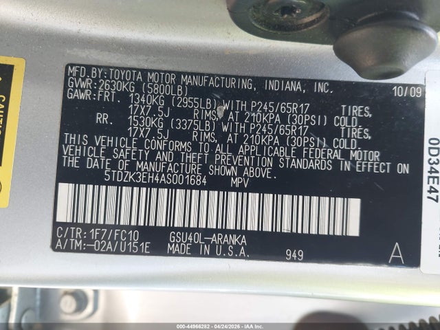 44966282 :رقم المزاد ، 5TDZK3EH4AS001684 vin ، 2010 Toyota Highlander Base V6 مزاد بيع