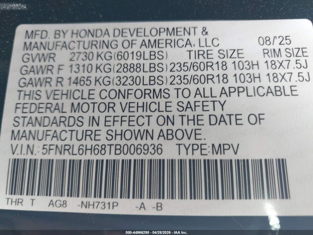 44966298 :رقم المزاد ، 5FNRL6H68TB006936 vin ، 2026 Honda Odyssey Ex-l مزاد بيع
