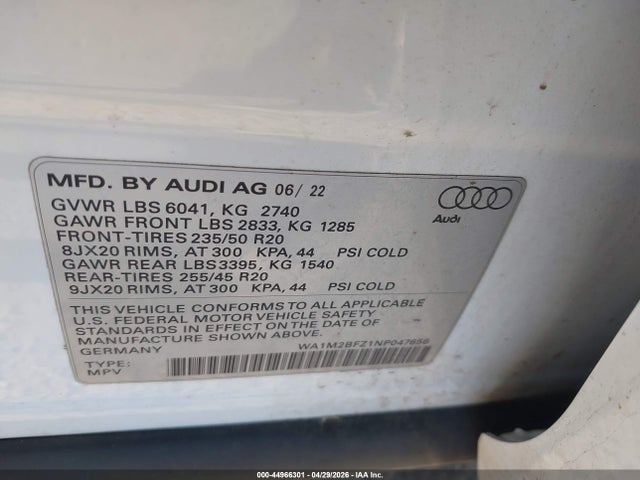 Продажа на аукционе авто 2022 Audi Q4 E-tron Prestige 50 Quattro, vin: WA1M2BFZ1NP047656, номер лота: 44966301
