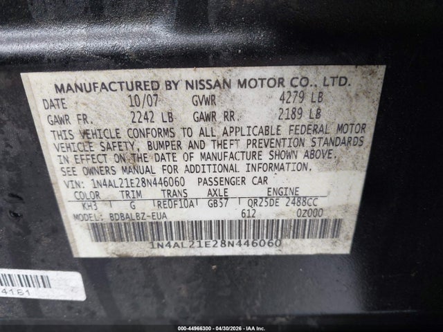 Aukcja sprzedaży 2008 Nissan Altima 2.5 S, vin: 1N4AL21E28N446060, numer aukcji: 44966300