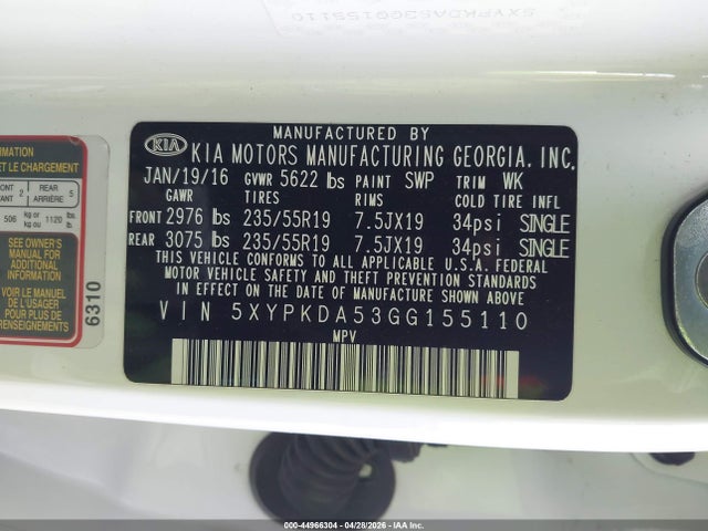 Продажа на аукционе авто 2016 Kia Sorento 3.3l Sxl, vin: 5XYPKDA53GG155110, номер лота: 44966304