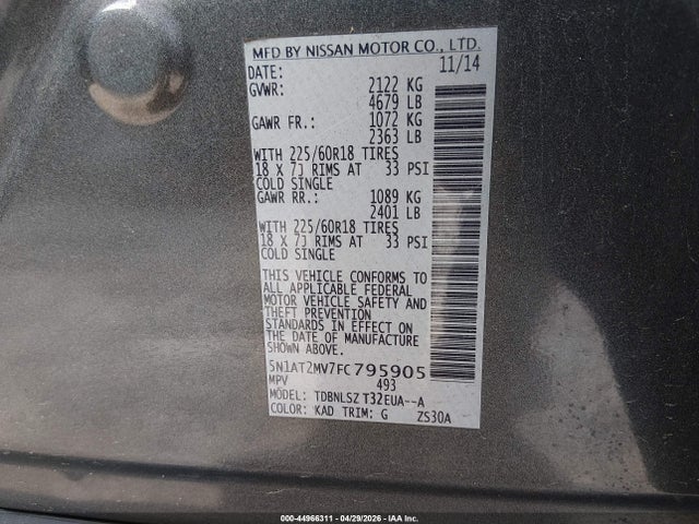 5N1AT2MV7FC795905 Nissan Rogue Sl