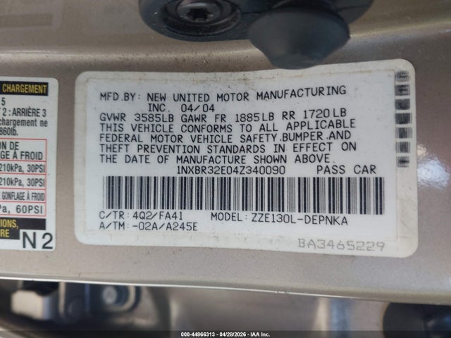 2004 Toyota Corolla Le მანქანა იყიდება აუქციონზე, vin: 1NXBR32E04Z340090, აუქციონის ნომერი: 44966313